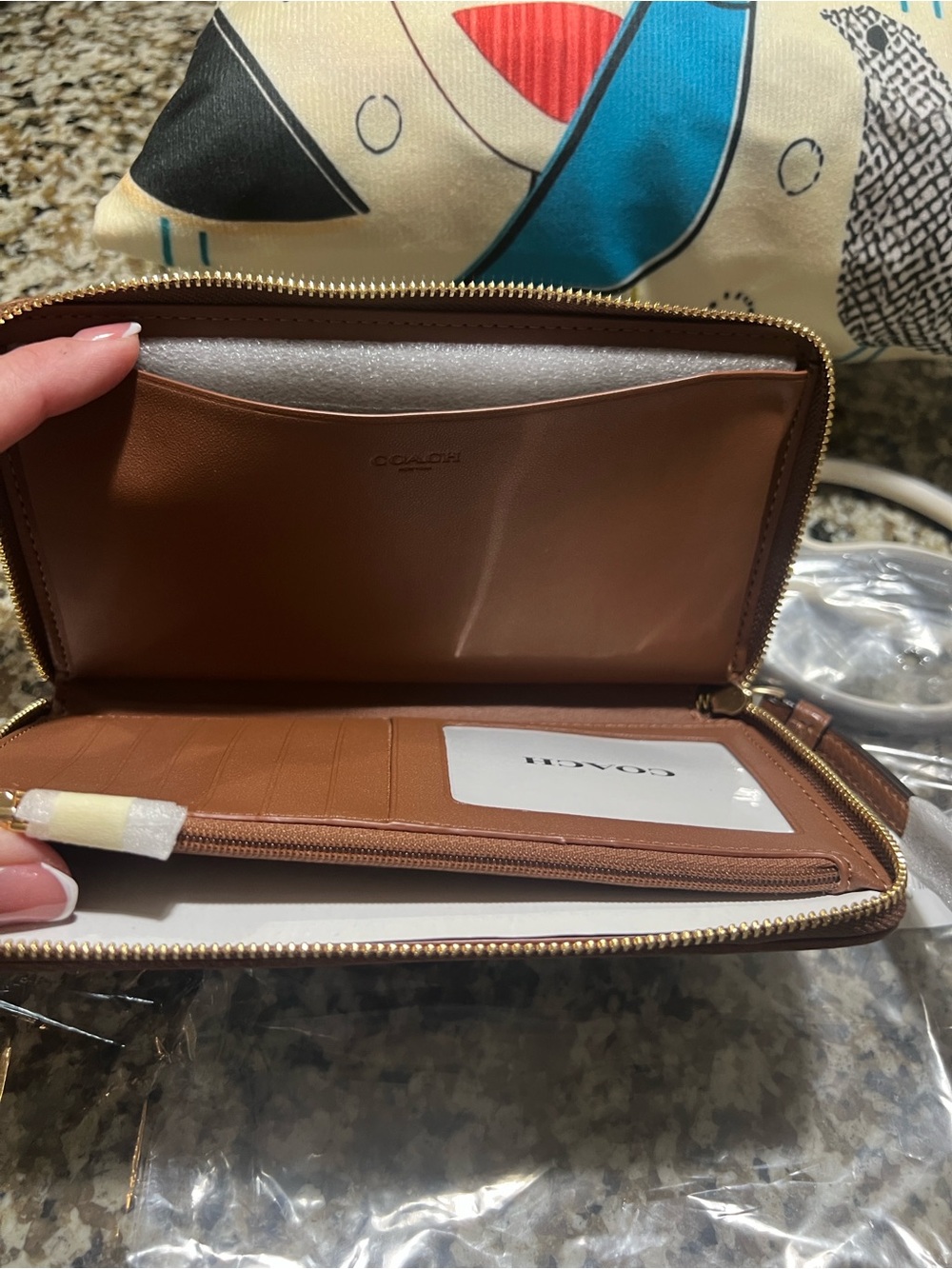 Coach Brown Signature Canvas Zip Wallet with Teal, Purple, Yellow & Red Stripes - Picture 2 of 3